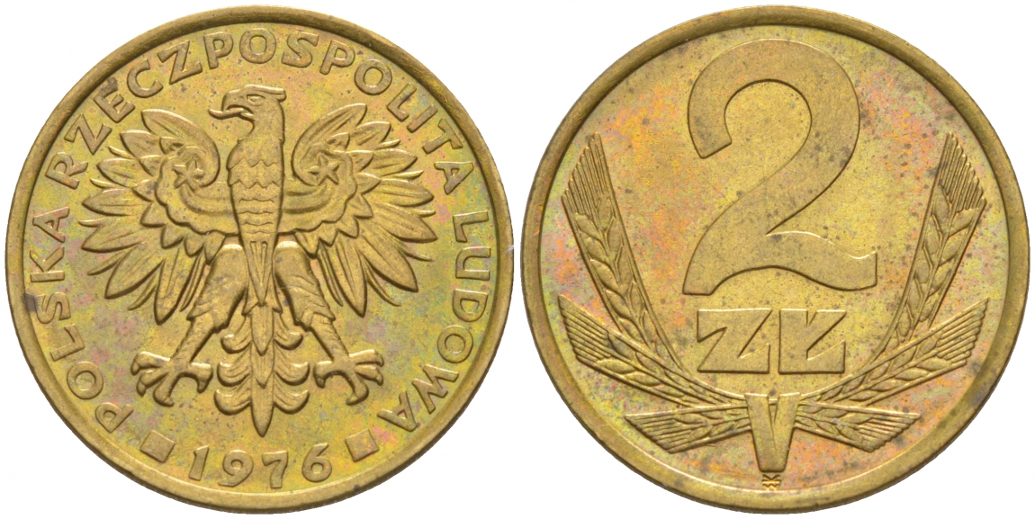 Польша 2 злотых 1976 Ленинградский монетный двор (ЛМД) KM 80.1, Parchimowicz 217b латунь 68-447