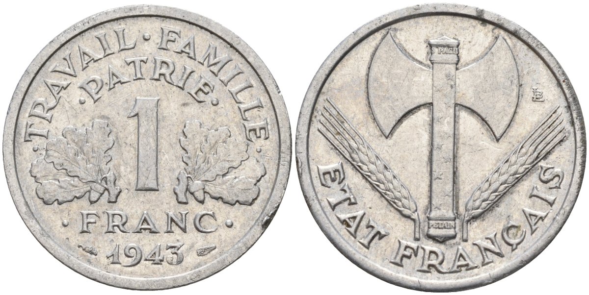 Франция 1 франк 1943 LB, тип Lourde, правительство Виши KM 902.1 алюминий 4142-934