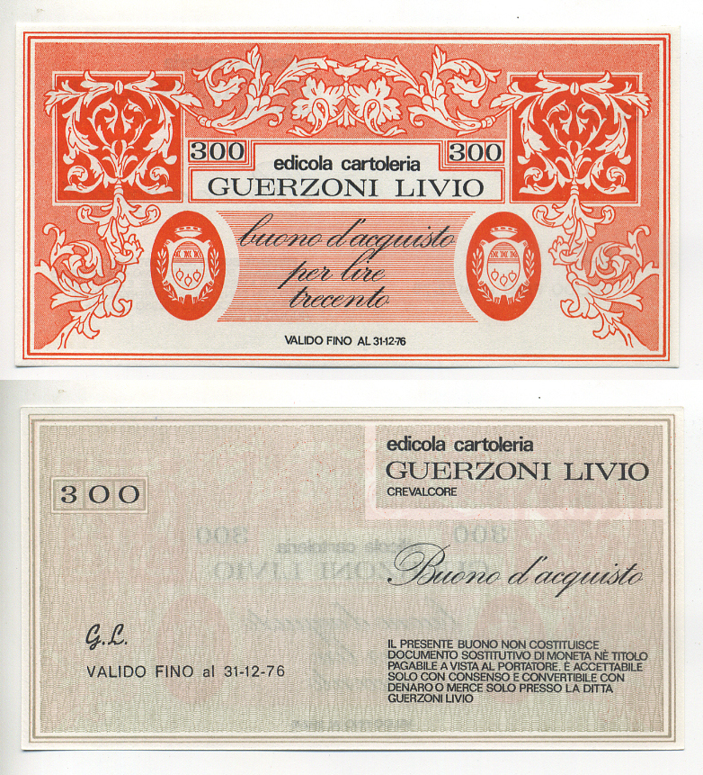 Италия купон на 300 лир ND канцелярский магазин, Guerzoni Livio, действителен до 31.12.1976   бумага  UNC (пресс) 7221-5-1-2