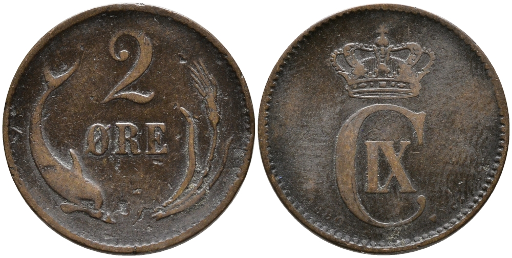 ДАНИЯ 2 ЭРЕ 1880 КРИСТИАН IX (1863-1906) KM 793.1 бронза 28-1022