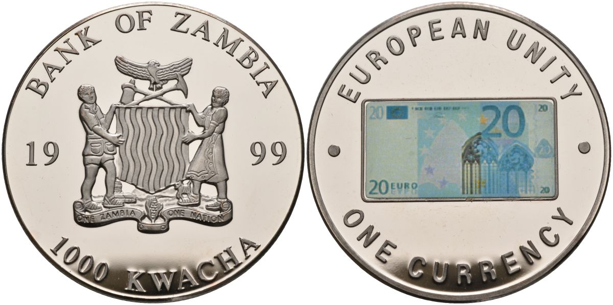 Замбия 1000 квача 1999 серия европейский союз - одна валюта, 20 евро аверс, серебрение KM 124 медь никель цинк 1098-3-41