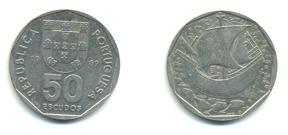 ПОРТУГАЛИЯ 50 ЭСКУДО 1989 КОРАБЛЬ KM 636 медно-никель 56-1452