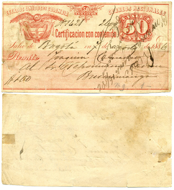Колумбия 50 сентаво 1886 Certificado de Contenido, Богота бумага 7523-49-1