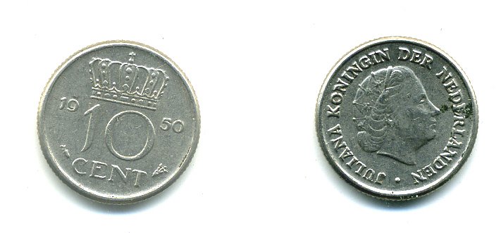 НИДЕРЛАНДЫ 10 ЦЕНТОВ 1950 ЮЛИАНА KM 182 никель 76-324