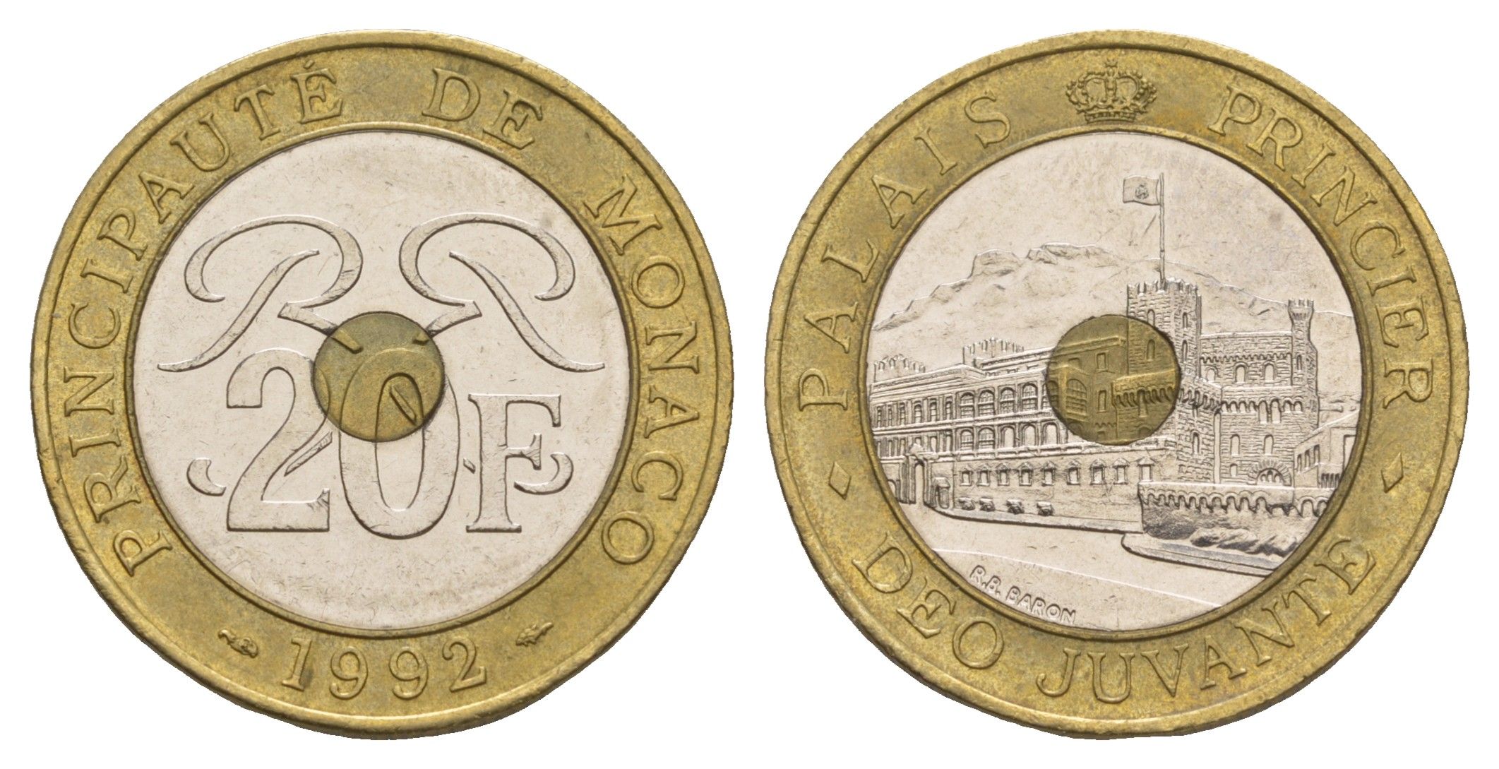 Монако 20 франков 1992 Ренье III (1949-2005) KM 165 триметалл 413-2732