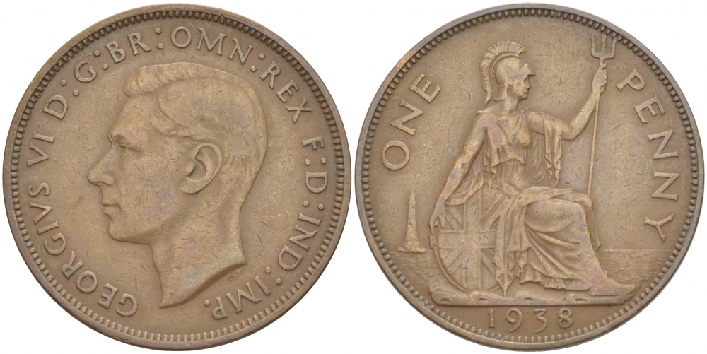 Великобритания 1 пенни 1938 Георг VI (1936-1952) KM 845, Spink 4114 бронза 215-331