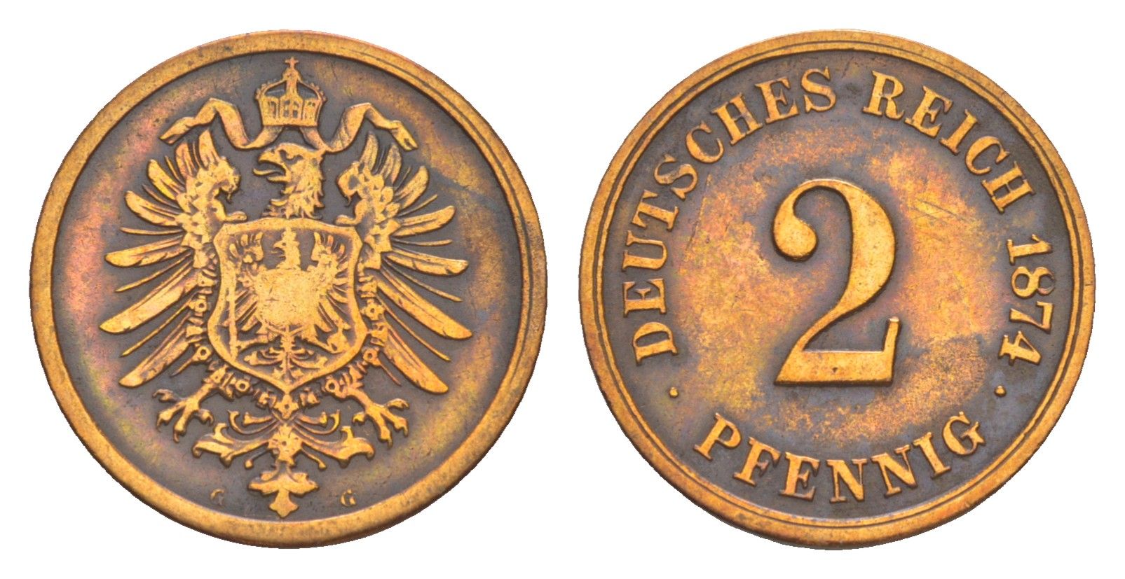 Германия 2 пфеннига 1874 G, Вильгельм I (1871-1888) KM 2, J. 2 медь 4164-258