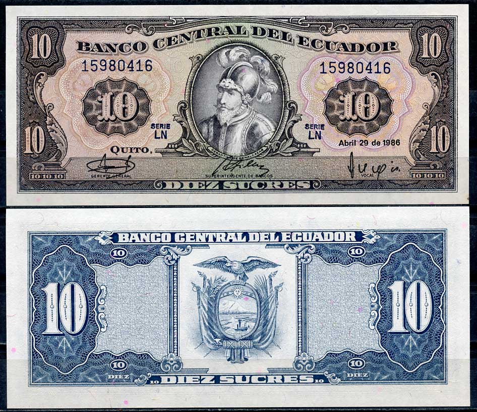 Эквадор 10 сукре 1986 Себастьян де Белалькасар, серия LN Pick 121 (2)  бумага  UNC (пресс) 447-112-1