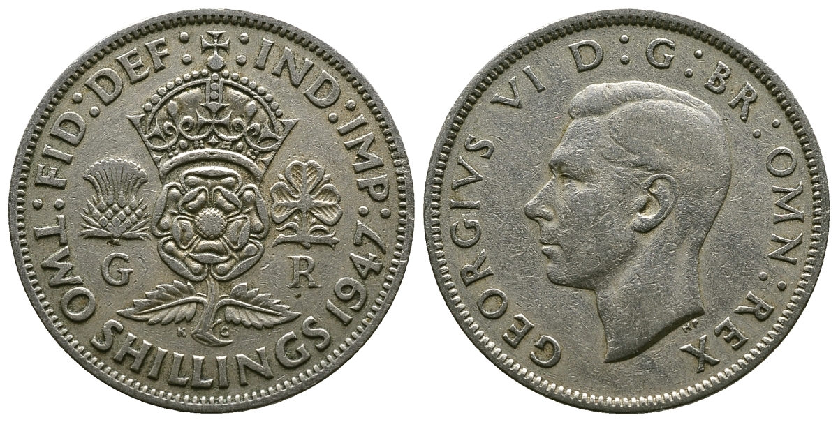 Великобритания 2 шиллинга (флорин) 1947 Георг VI (1936-1952) KM 865, Spink 4102 медно-никель 4381-1044