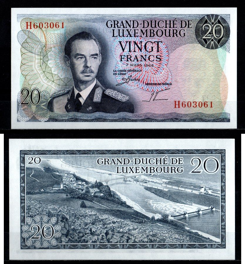 Люксембург 20 франков 1966 Pick 54 a (2) бумага UNC (пресс) 8603-19-1-2