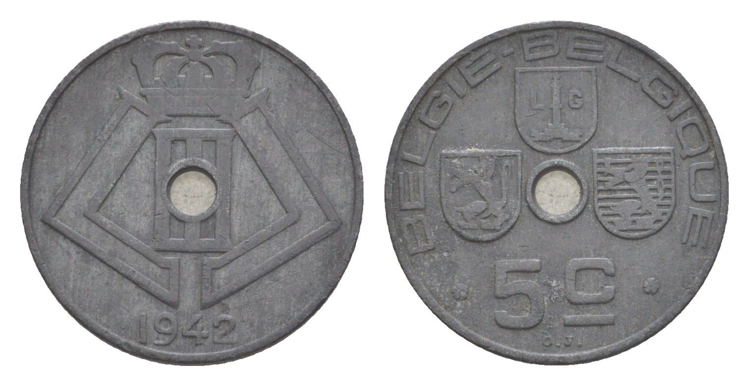 Бельгия 5 сантимов 1942 Belgie - Belgique, Леопольд III (1934-1947), германская оккупация, Вторая мировая война KM 124 цинк 4640-1112