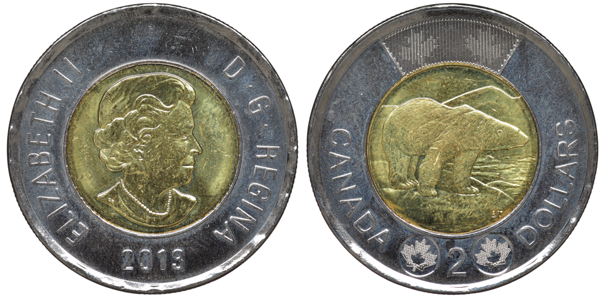 Канада 2 доллара 2013 полярный медведь KM NEW биметалл UNC 4605-644