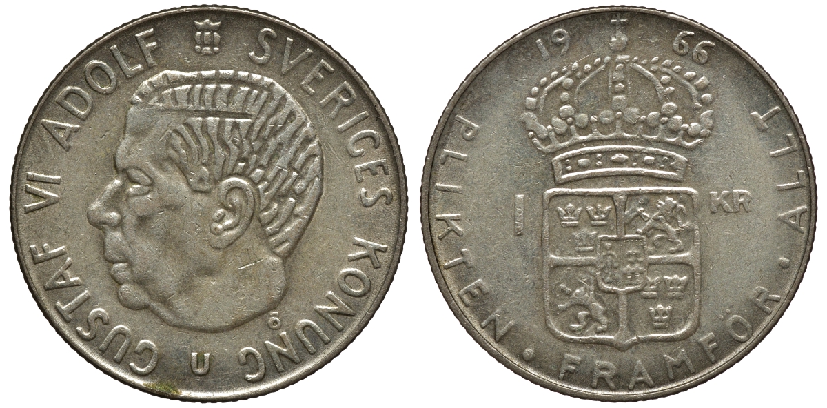 Швеция 1 крона 1966 U, Густав VI Адольф (1950-1973) KM 826 серебро 4178-511