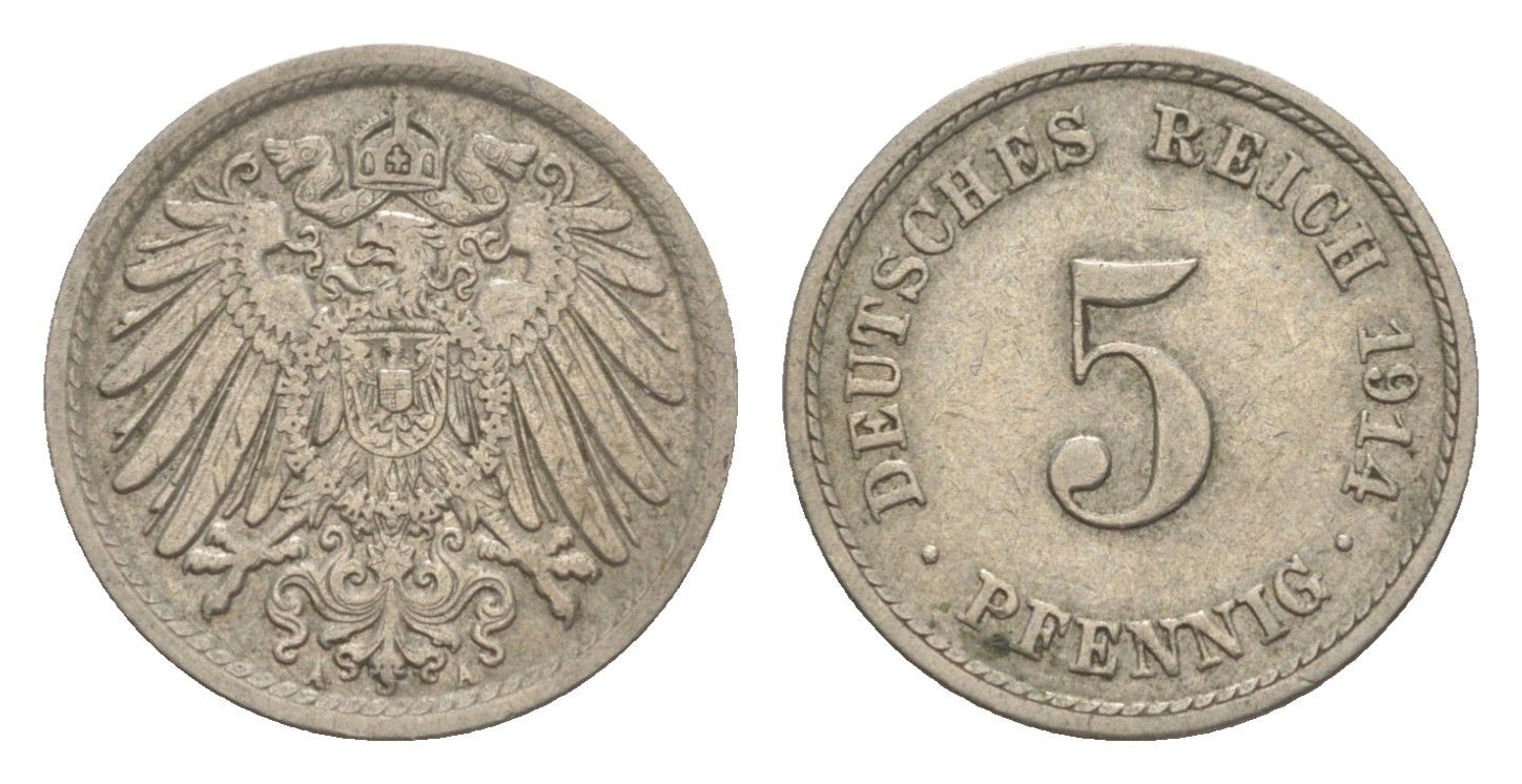 Германия 5 пфеннигов 1914 A, Вильгельм II (1888-1918) KM 11, J.12 медно-никель 4644-1068