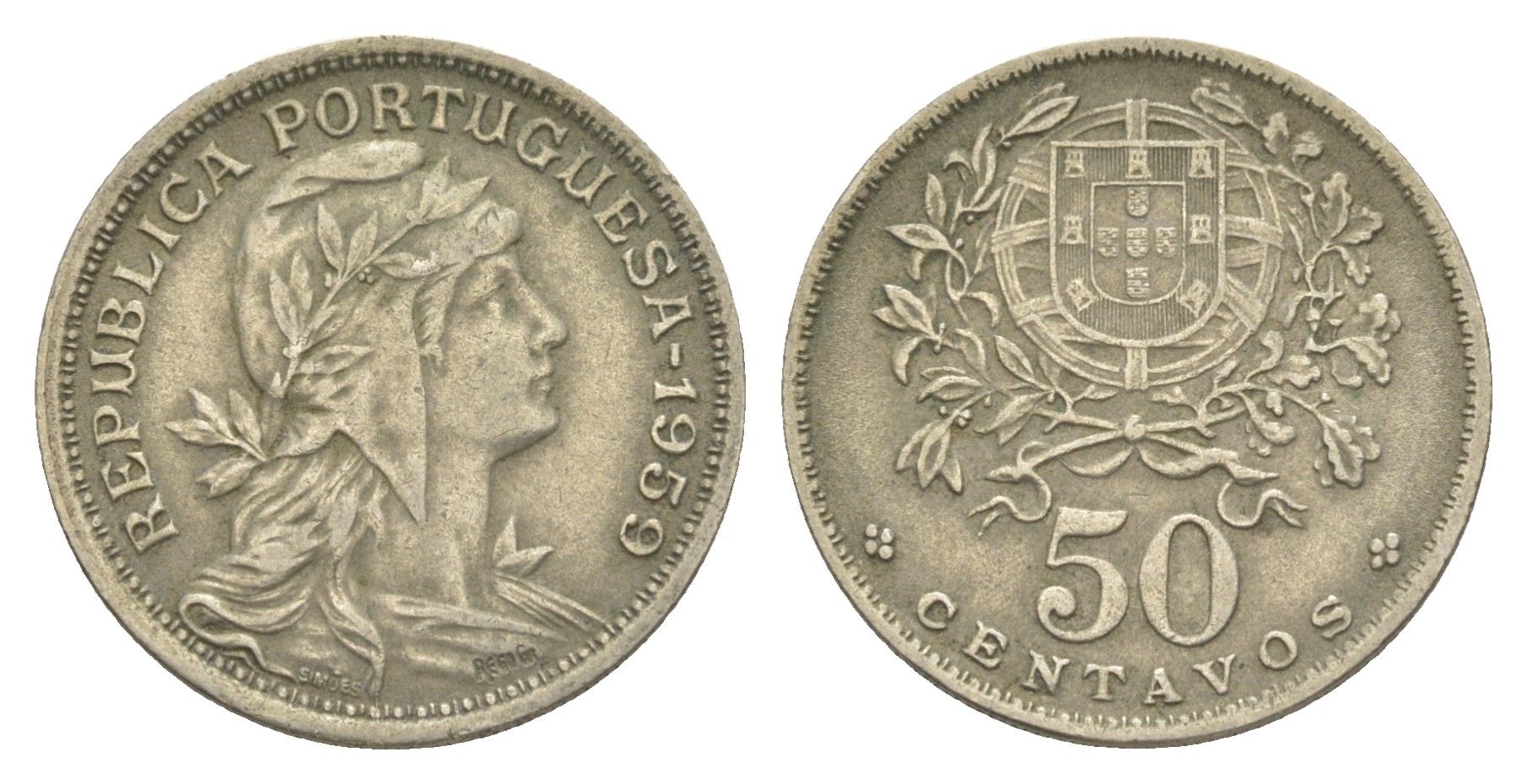 Португалия 50 сентаво 1959 голова Свободы вправо KM 577 никель латунь 4388-234