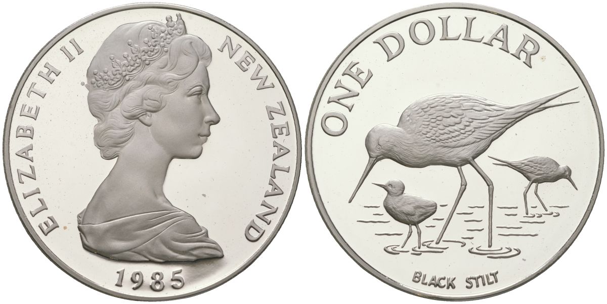 Новая Зеландия 1 доллар 1985 птица черный ходулочник (Black Stilt), Елизавета II (1952-2022) KM 55 a серебро PROOF 1080-4-24