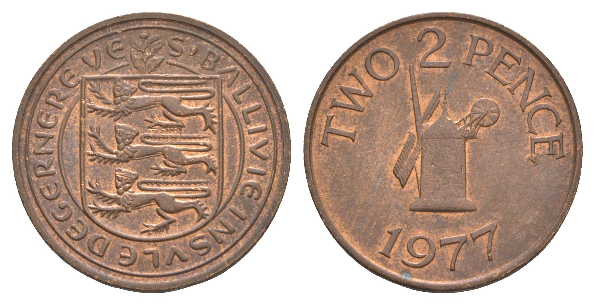 Гернси 2 пенса 1977 Елизавета II (1952-2022), ветряная мельница KM 28 бронза 4656-1055