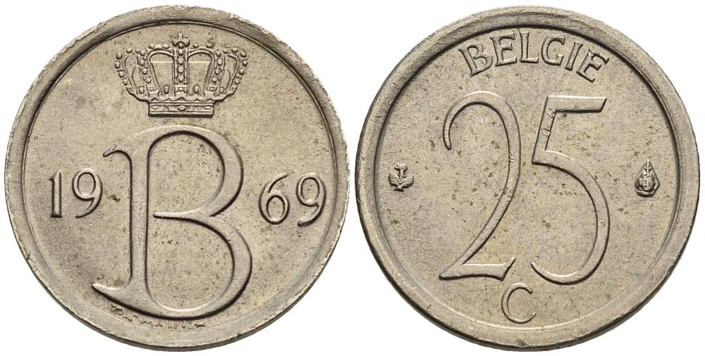 Бельгия 25 сантимов 1969 Belgie, Бодуэн I (1951-1993) KM 154.1 медно-никель 4528-1012