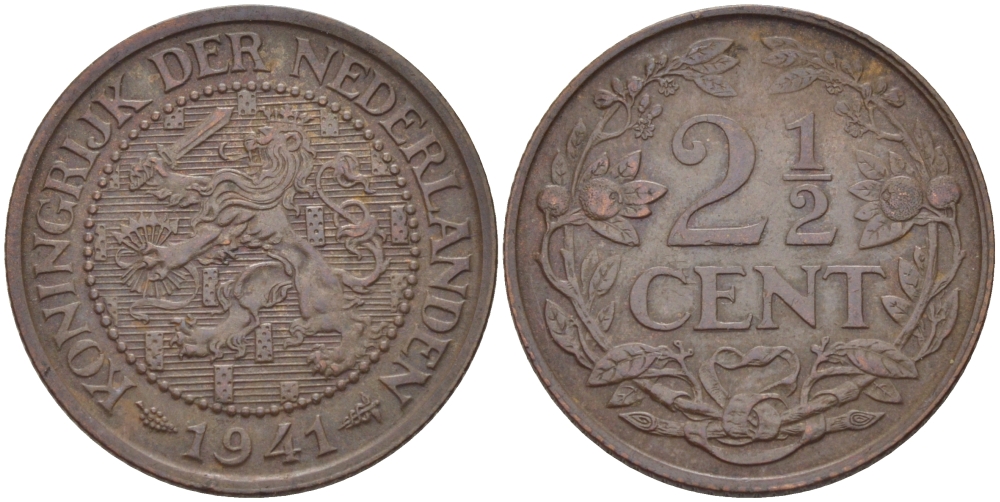 НИДЕРЛАНДЫ 2 1/2 ЦЕНТА 1941 ВИЛЬГЕЛЬМИНА KM 150 бронза 31-955