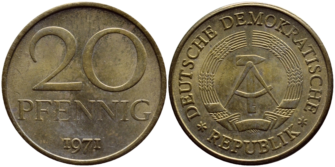 ГДР 20 пфеннигов 1971 А KM 11 латунь UNC 54-1352