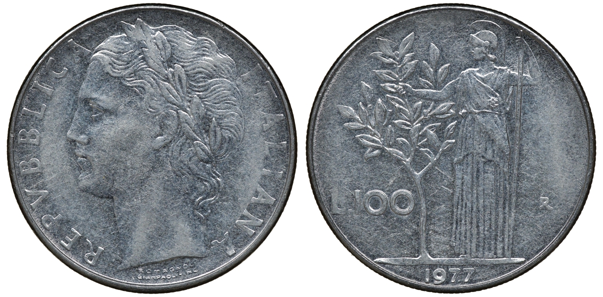 ИТАЛИЯ 100 ЛИР 1977 R , АФИНА KM 96.1 нержавеющая сталь 72-923