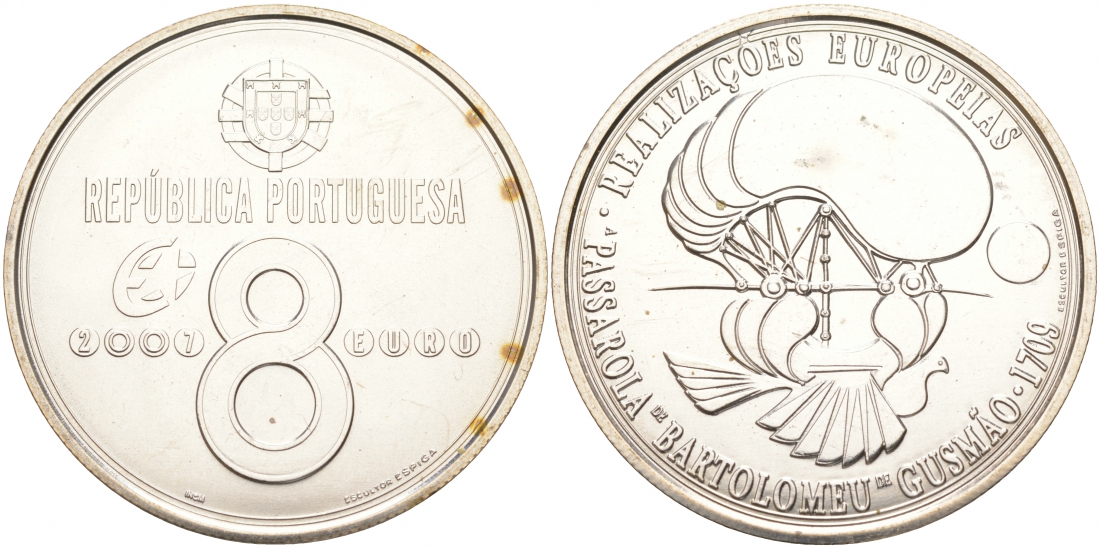 Португалия 8 евро 2007 БАРТОЛОМЕУ ДЕ ГУСМАН серебро UNC 1087-9-25