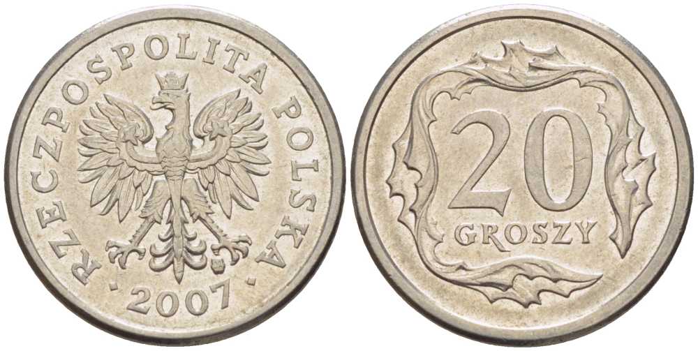 ПОЛЬША 20 ГРОШЕЙ 2007 MW KM 280 медно-никель 201-522