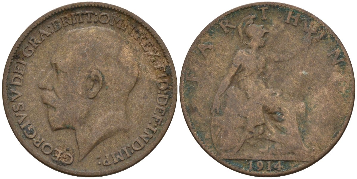 Великобритания 1 фартинг 1914 Георг V (1910-1936), темная отделка KM 808.1, Spink 4059 бронза 3496-943