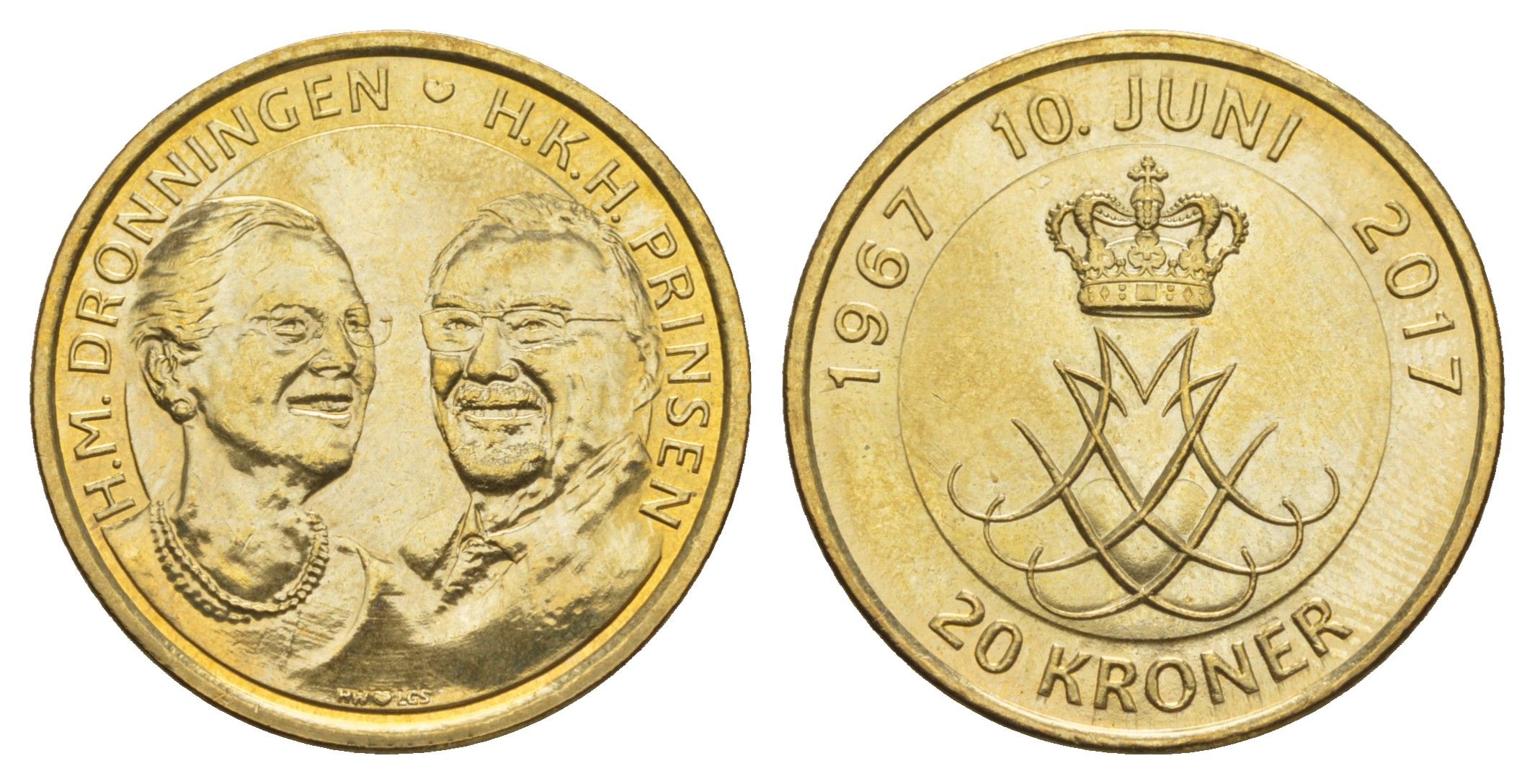 Дания 20 крон 2017 Золотая свадьба KM 966 алюминиевая бронза UNC 4648-652