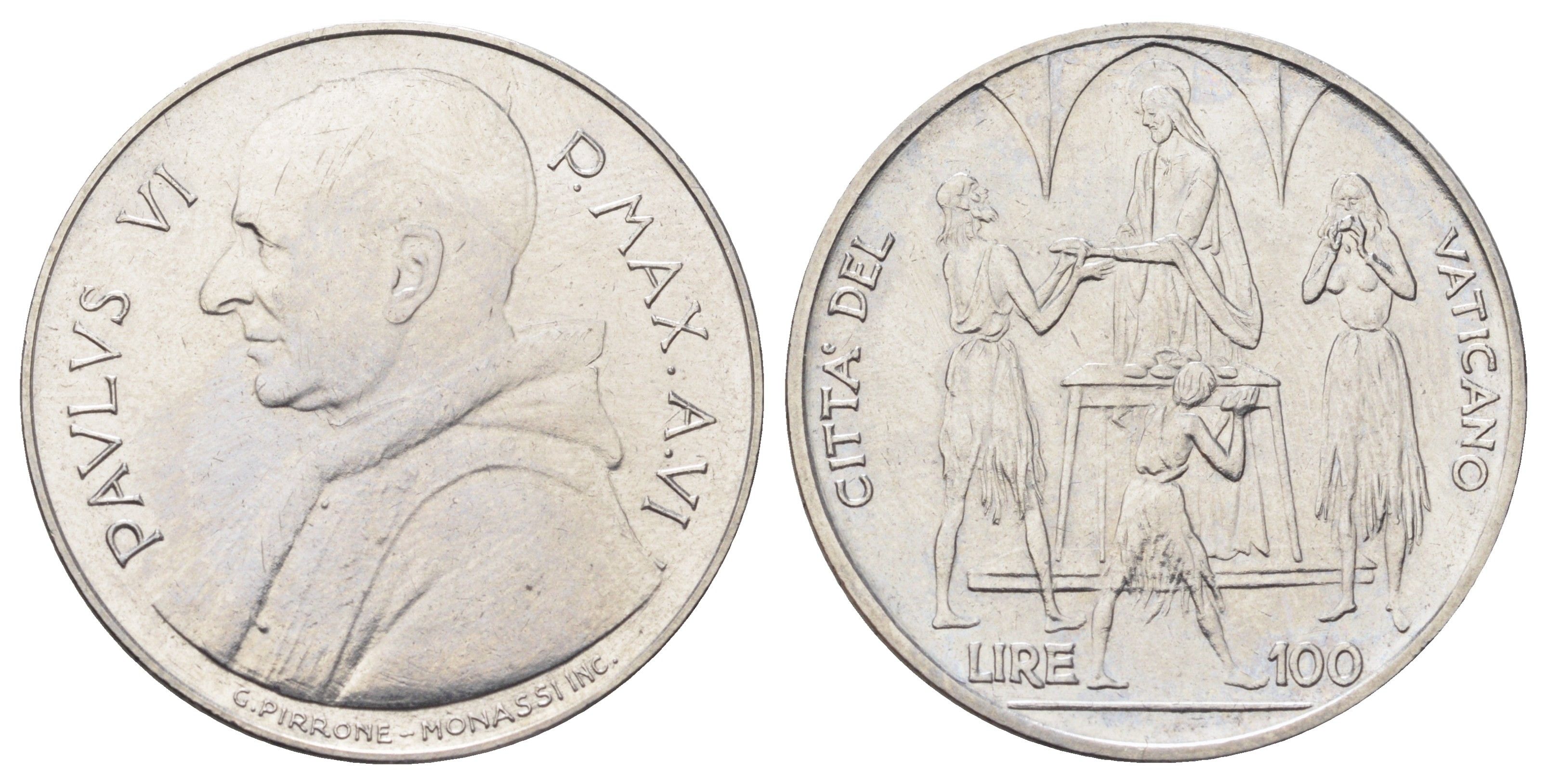 Ватикан 100 лир 1968 MCMLXVIII, год-тип KM 106 нержавеющая сталь UNC 4700-637
