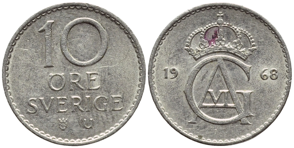 Швеция 10 эре 1968 U Густав VI Адольф (1950-1973) KM 835 медно-никель 4396-532