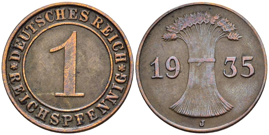 Германия 1 рейхспфенниг 1935 J KM 37, J. 313, Weege 2 бронза 4547-222