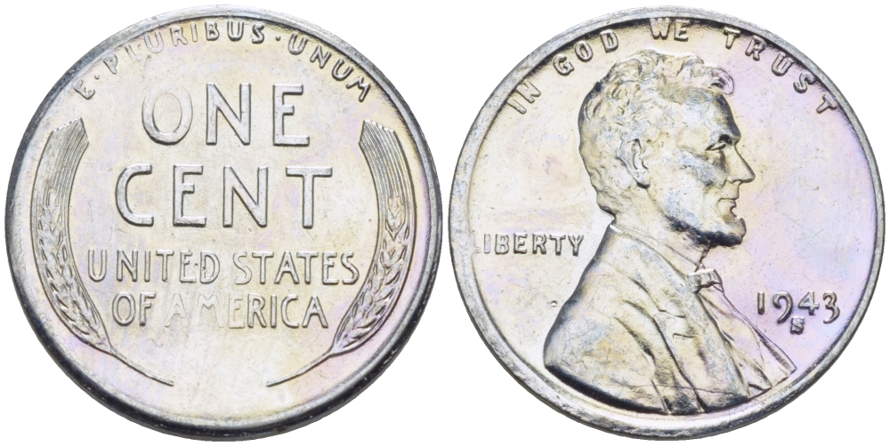 США 1 цент 1943 S (Сан-Франциско), Авраам Линкольн KM 132 a сталь плакированная цинком 39-124