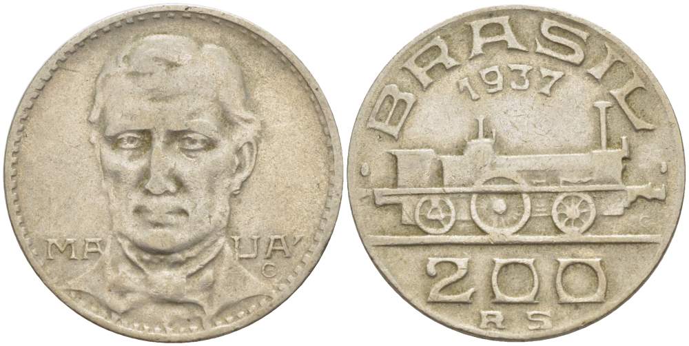 БРАЗИЛИЯ 200 РЕЙС 1937 БРАЗИЛЬСКИЙ ПРОМЫШЛЕННИК, СТРОИТЕЛЬ ПЕРВОЙ ЖЕЛЕЗНОЙ ДОРОГИ ВИКОНТ ди МАУА (1813-1889), ПАРОВОЗ KM 537 медно-никель 4529-611