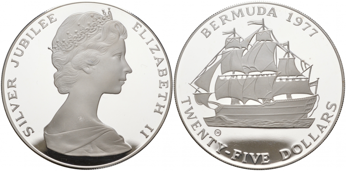 Бермудские острова 25 долларов 1977 CHI, 25 лет правления Елизаветы II, парусник, вес 54,75 гр., тираж 5613 экз. KM 25 серебро PROOF 02-009-22