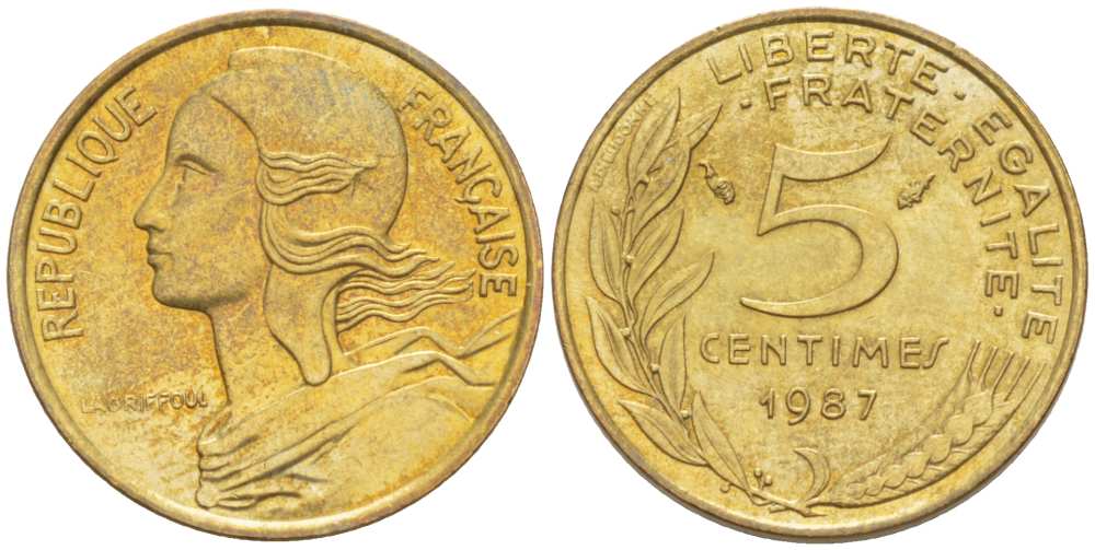 ФРАНЦИЯ 5 САНТИМОВ 1987 ТИП MARIANNE KM 933, LE FRANC 125.23 алюминиевая бронза 218-128