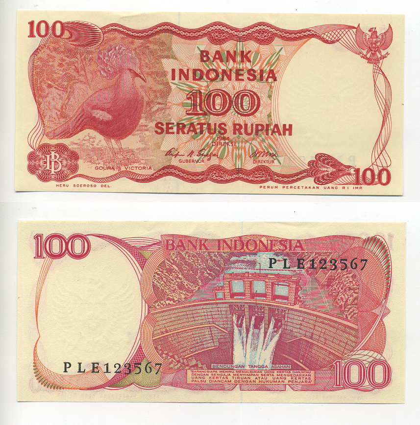 ИНДОНЕЗИЯ 100 РУПИЙ 1984 ВЕНЦЕНОСНЫЙ ГОЛУБЬ, ДАМБА АСАХАНА Pick 122a бумага aUNC 7214-19-2-2