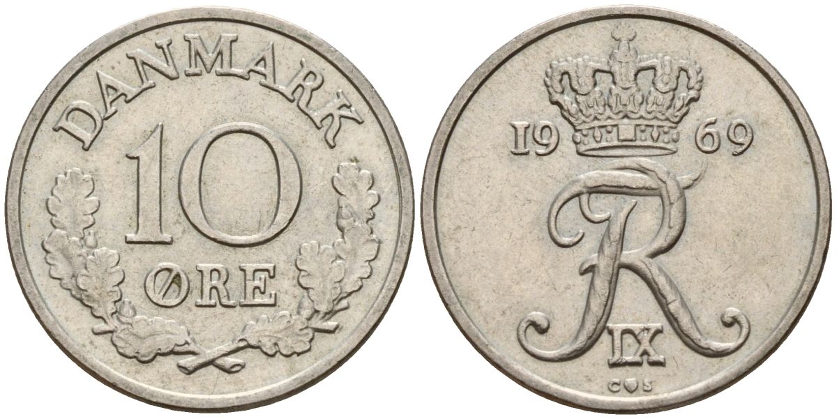 Дания 10 эре 1969 C,S, Фредерик IX (1947-1972) KM 849.1 медно-никель 4152-468