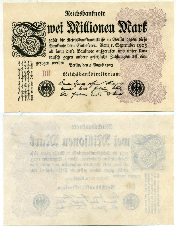 ГЕРМАНИЯ 2000000 МАРОК 1923 9 АВГУСТА 1923, ВОДЯНОЙ ЗНАК Е, G/D В ЗВЁЗДАХ, СЕРИЯ ВН Pick 102a, Rosenberg 103a бумага 444-8-3-1