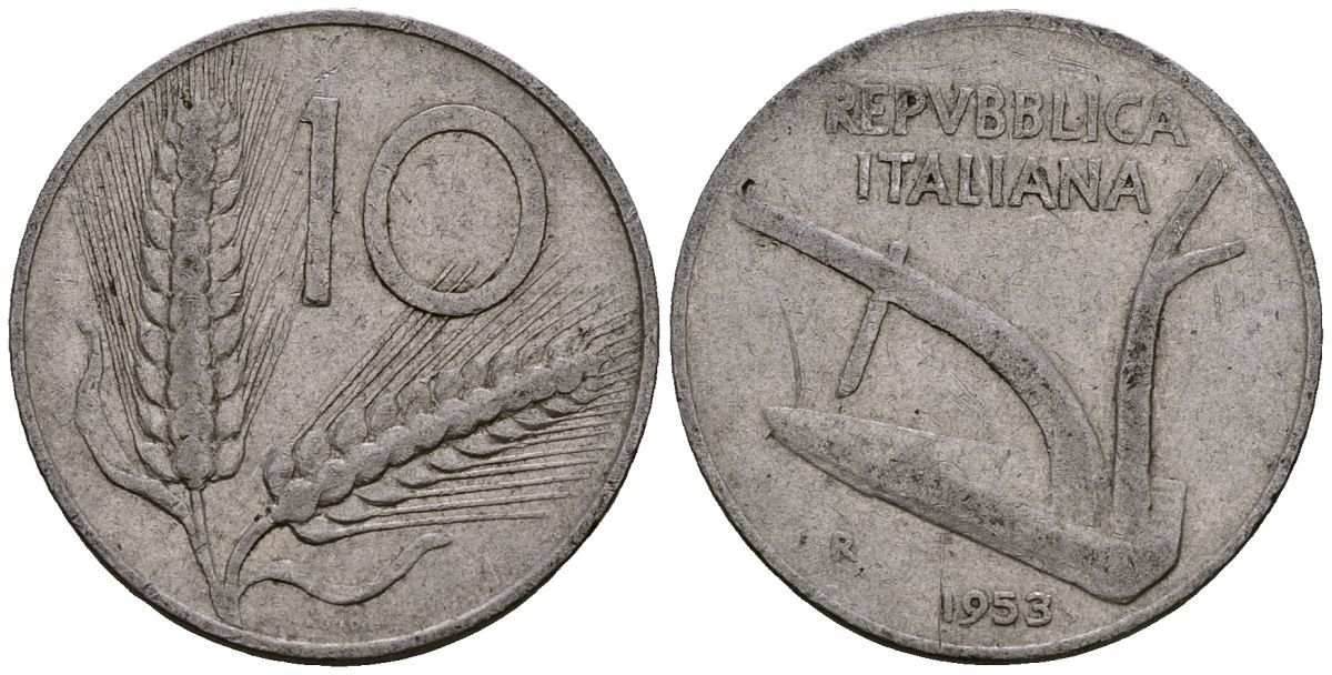Италия 10 лир 1953 R, плуг, колосья KM 93 алюминий 4176-225