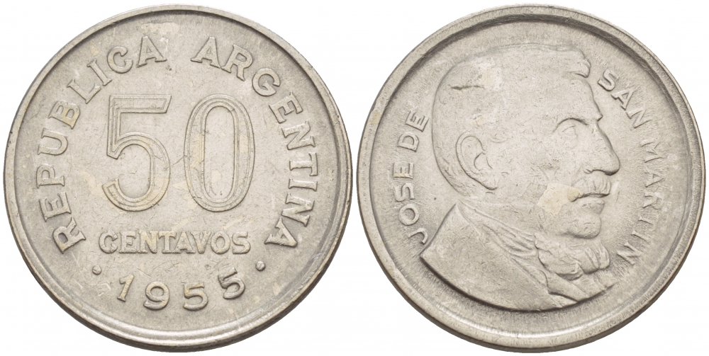 Аргентина 50 сентаво 1955 генерал Хосе де Сан Мартин KM 49 сталь плакированная никелем 4548-336