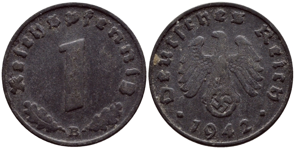 ГЕРМАНИЯ 1 РЕЙХСПФЕННИГ 1942 B КМ 97 J.369 цинк 4387-728
