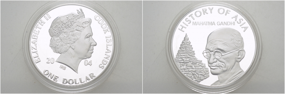 Острова Кука 1 доллар 2004 история Азии, Махатма Ганди KM 1156 медно-никель PROOF 01-146-31