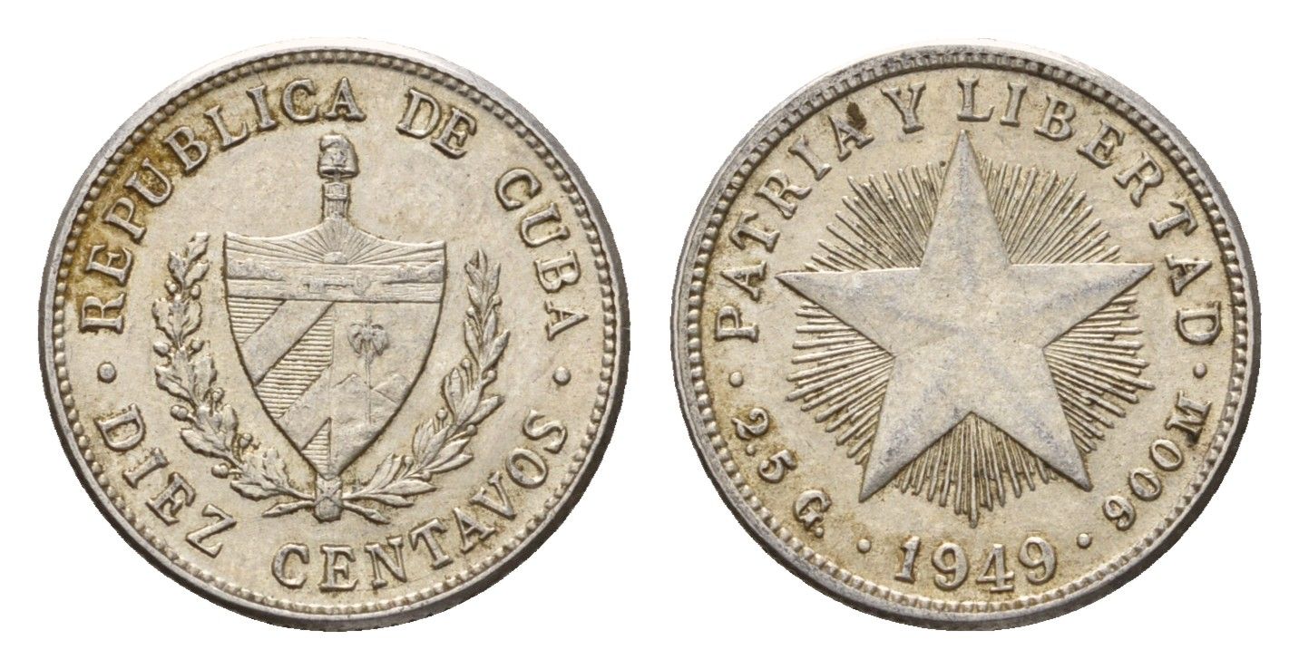Куба 10 сентаво 1949 KM A12 серебро 4528-338