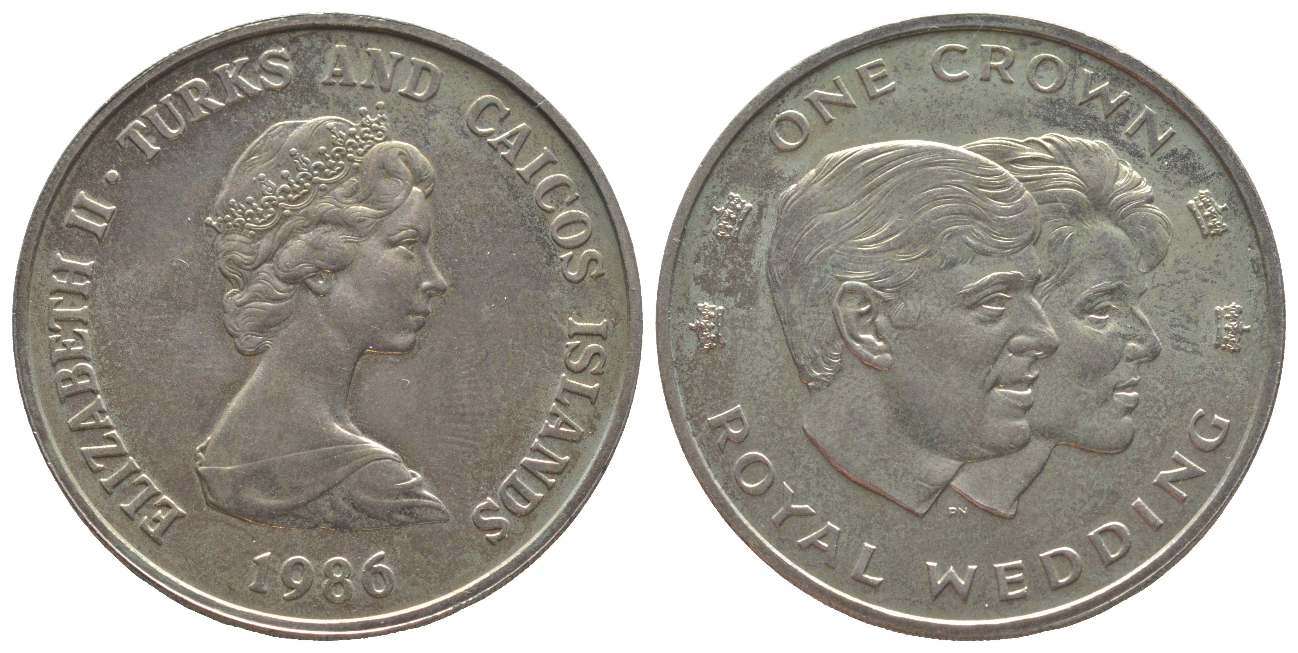 Тёркс и Кайкос 1 крона 1986 Свадьба Принца Эндрю и Сары Маргарет Фергюсон, тираж 20.000 экземпляров KM 60 медно-никель BU 00-1067-7-44