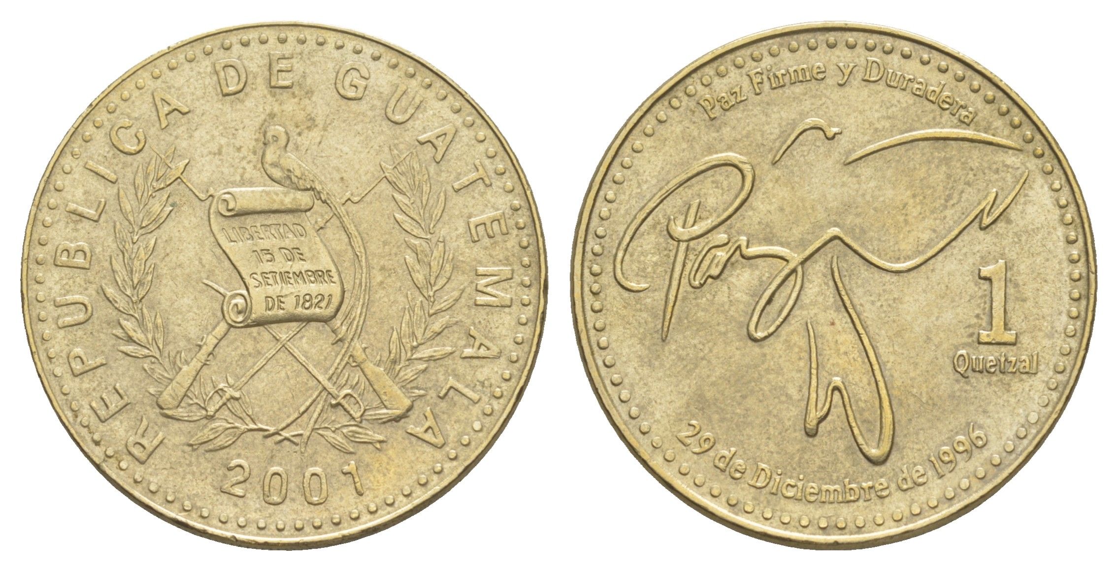 Гватемала 1 кетсаль 2001 KM 284 никель латунь 4642-834