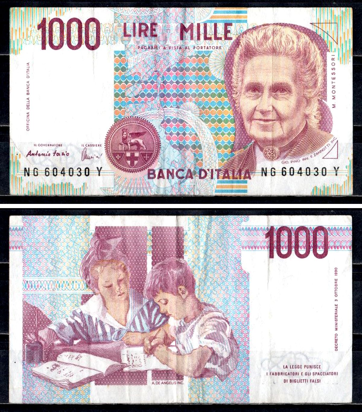 Италия 1000 лир 1990 Pick 114 c бумага 6312-6-2-2