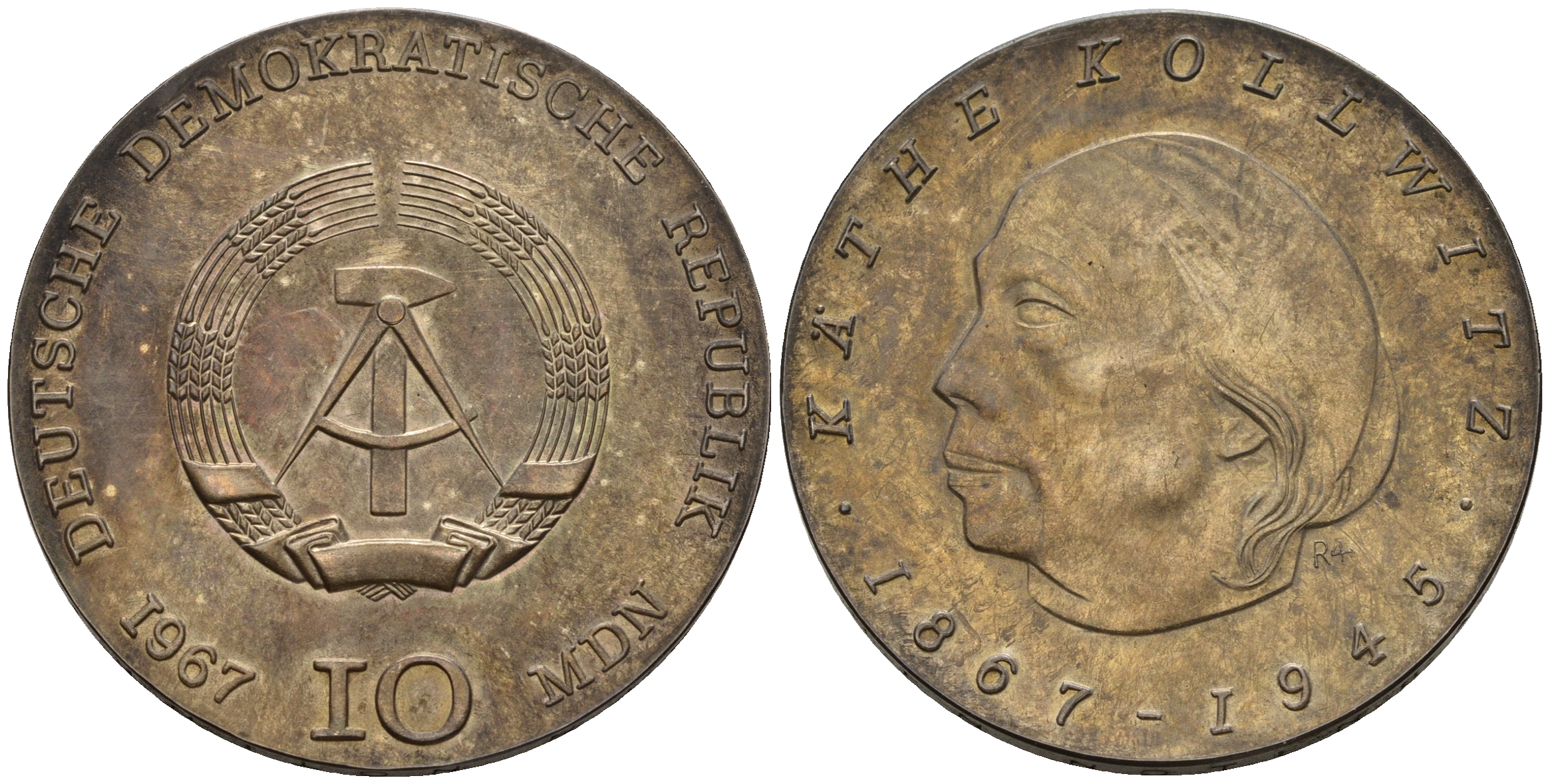 ГДР 10 марок 1967 100 лет со дня рождения Кете Кольвиц KM 17.1 серебро UNC 01-160-13-2