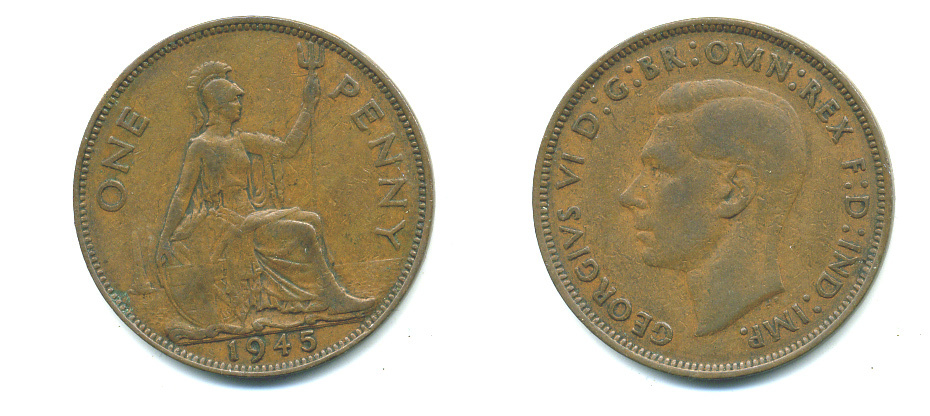 Великобритания 1 пенни 1945 Георг VI (1936-1952) KM 845, Spink 4114 бронза 4383-726