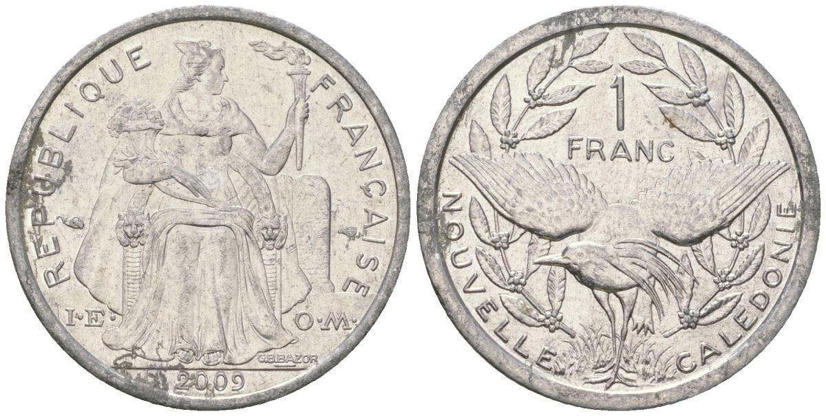 Французская Новая Каледония 1 франк 2009 птица кагу, (IEOM) KM 10, Schoen 10 алюминий 35-344